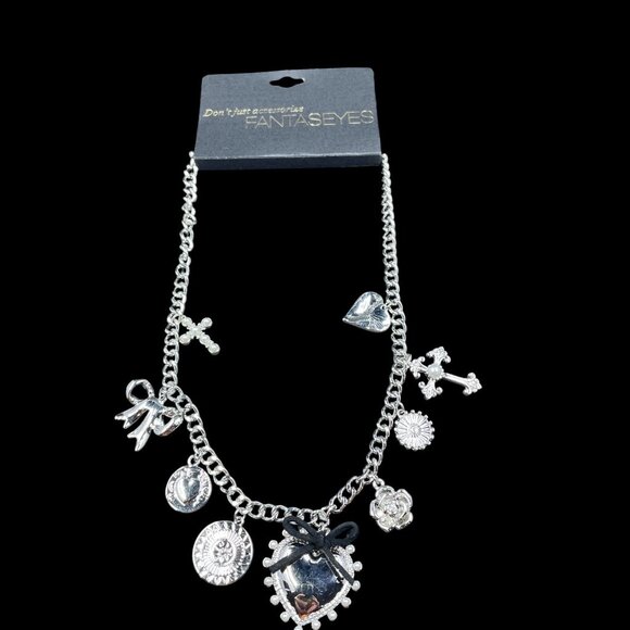 Silver Tone Charm Necklace Heart Cross Bow Rose Coquette Gothic Y2K NWT 20" - Picture 8 of 9